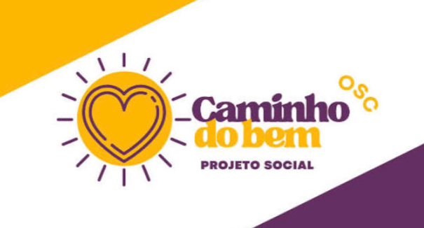 Logo do Projeto Social Caminho do Bem, com ícone de sol e coração e tipografia em roxo e amarelo.