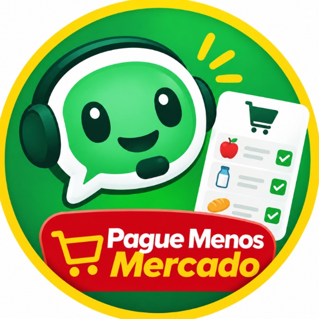 Marca do Pague Menos Mercado: um contato no WhatsApp ao lado de uma lista de compras.